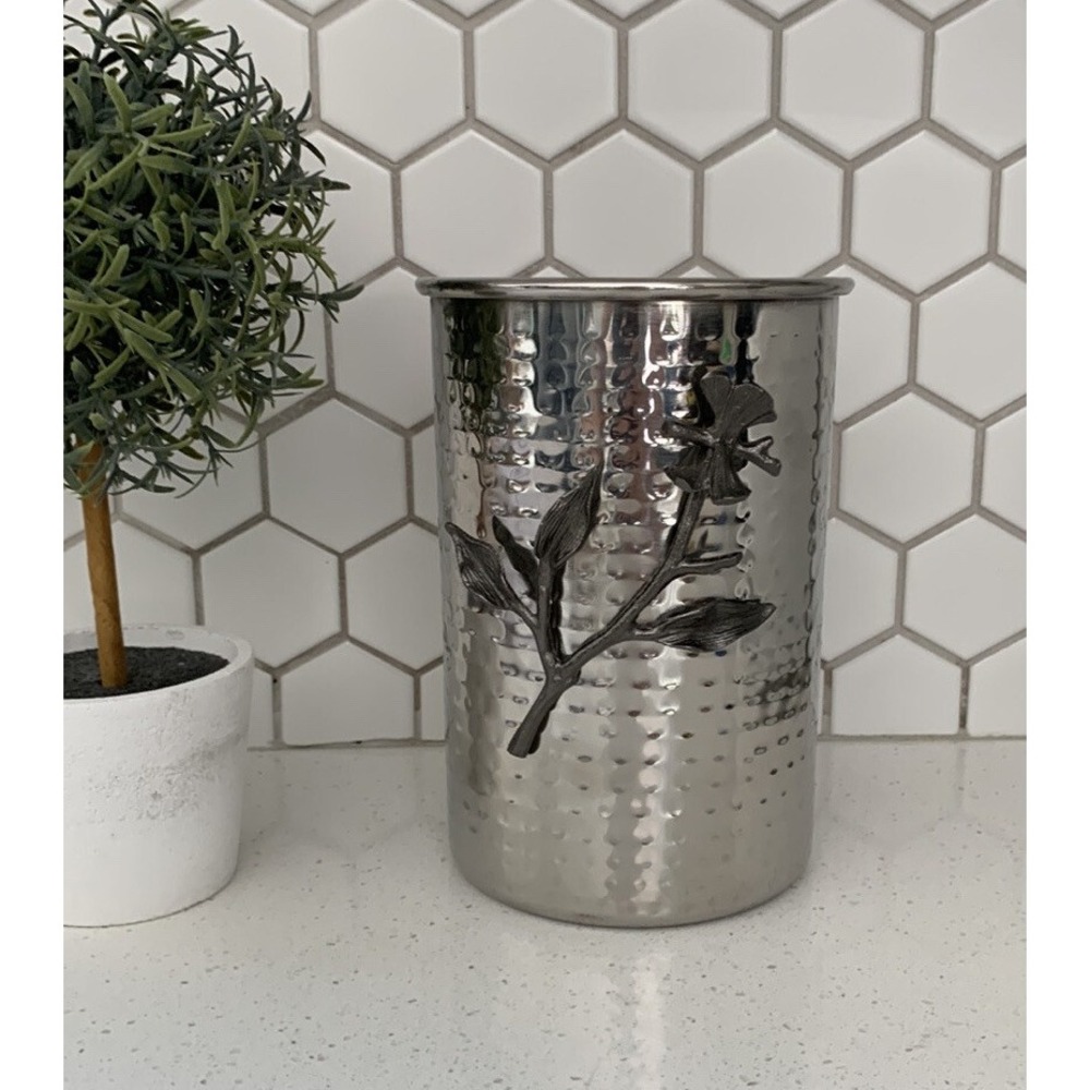 Stainless steel vase with Dark silver vine 3D utensils holder hammered Metal
